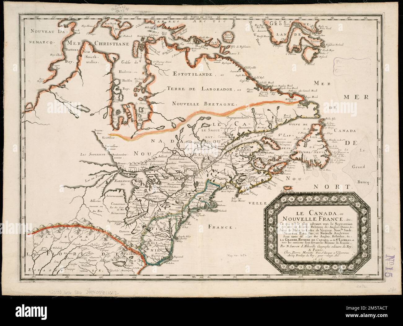 Le Canada, ou Nouvelle France, &c : ce qui est le plus Advance vers le Septentrion est tiré de Diverses Relations des Anglois, Danois, &c. Vers le midy les costes de Virginie, Nouvlle. Wildleder, Nouveau Pays Bas, et Nouvelle Angleterre sont tirées de Celles des Anglois, Hollandois, &c. la grande riviere de Canada ou de St Laurens, et toue les environs sont suivant les Relations des Francois. Freischnitt abgebildet. "Avec Privilege du Roy, pur vingt ans." , Nordamerika , Gebiet Kanada Great Lakes Region , Gegend Stockfoto