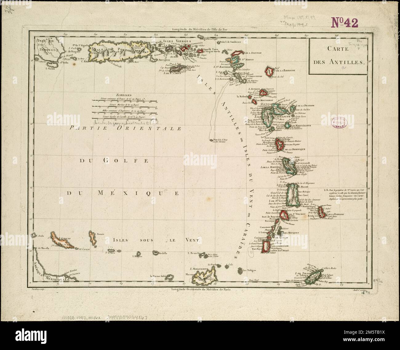 Carte des Antillen. Freischnitt abgebildet. Katalogisierung, Konservierung und Digitalisierung teilweise durch die Nationale Stiftung für Geisteswissenschaften möglich gemacht: Das menschliche Unterfangen erforschen , Kleine Antillen, Gegend Antillen Franzosen, Gegend Leeward Inseln, Gegend Stockfoto