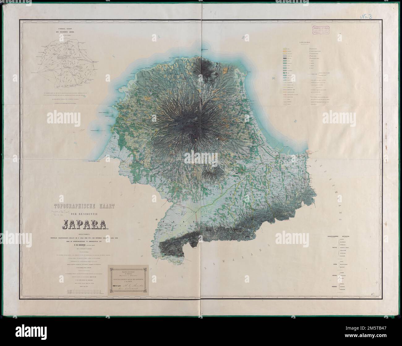 Topographische Kaart der residentie Japara : opgenomen ingevolge gouvernements besluit dd. 6 Julij 1866 Nr. 8 van November 1886 tot Junij 1869 door de Opnemingsbrigade te zamengesteld uit P.M. Ockerse kapitein (Koch), den 1e. Luitenant F.C.E. Meijer en de opnemers von Walther [und 15 weitere]. Relief durch Hachures und Punkthöhen dargestellt. Erster Meridian: Batavia [das heißt Jakarta]. "De beschrijving is overgenomen volgens de statiscke opgave van de jaren 1871-1873." Inklusive Signaal Kaart der residentie Japara. Etikett von Exposition internationale des Industries maritimes et fluviales in Low geklebt Stockfoto
