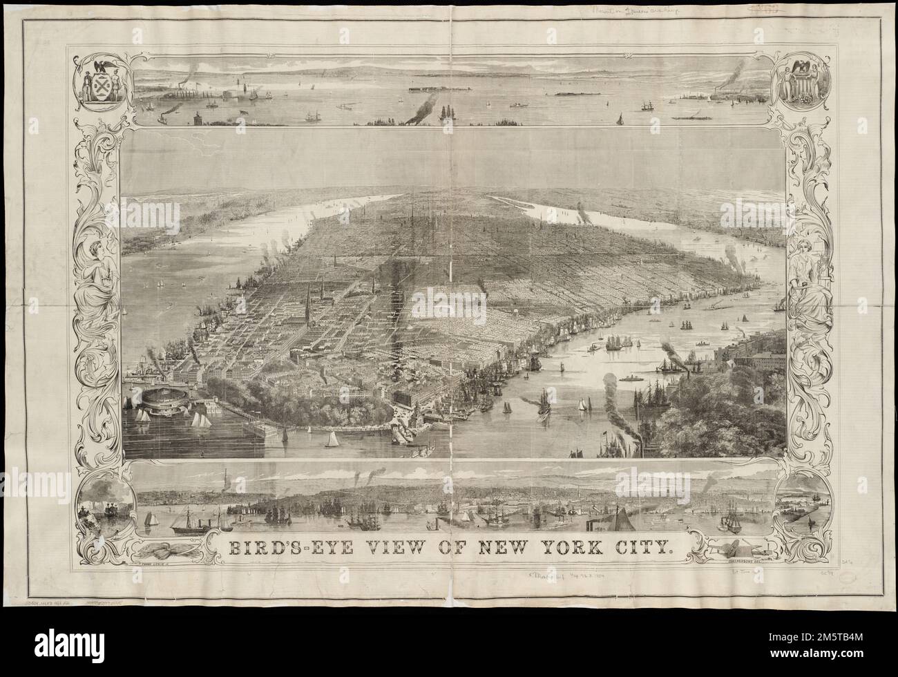 New York City aus der Vogelperspektive. Ausgestellt in "The Brother Jonathan Jubilee Pictorial Double Sheet, for Fourth of July 1854". Umfasst zwei zusätzliche Panoramablicke auf die Wasserstraßen New York, New York Stockfoto