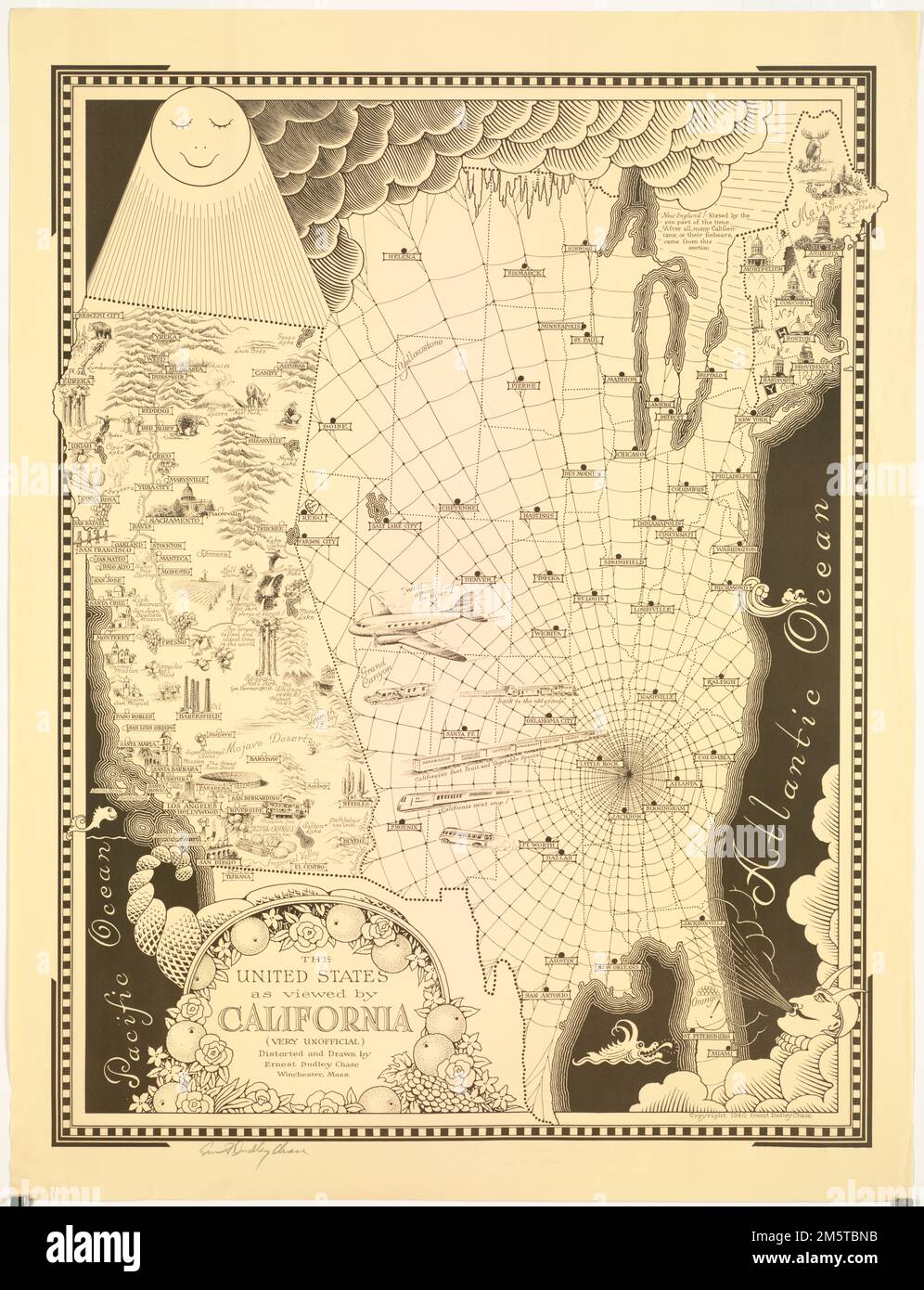Die Vereinigten Staaten von Amerika, wie sie von Kalifornien gesehen werden (sehr inoffiziell). Chase ist für seine skurrilen Bildkarten bekannt und schuf diese stark verzerrte Sicht der USA, wie sie von den Kalifornianern wahrgenommen wird. Ein Drittel der Größe des restlichen Landes, der Staat ist ständig von der Sonne durchnässt. Ein geschäftiges Kalifornien wird auch als ein reiches Mischmasch mit Industrie, Landwirtschaft, Freizeitaktivitäten und Naturwundern dargestellt. Der Rest des Countys wird von einer dunklen Wolke und einem riesigen, deprimierenden Spinnennetz überschattet. Andere Zustände sind verzerrt oder werden vollständig ausgelassen. Aber Chase's Nat Stockfoto