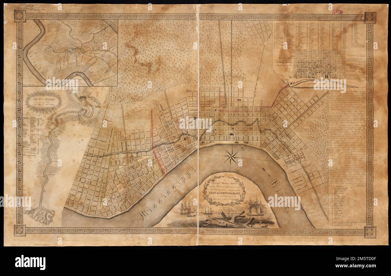 Auf General Andrew Jackson und seine tapferen Waffengefährten am 8. Jany. 1815 dieser Plan der Stadt New Orleans ist respektvoll engagiert. Ausrichtung mit Norden oben rechts. Umfasst Einsätze: Plan de la ville de la Nouvelle Orleans telle quélle était en Mai 1728, den Mississippi vom Eingang zur Stadt New Orleans und New Orleans und seine Umgebung. Enthält Indizes und ill... Plan der Stadt New Orleans. Plan der Stadt New Orleans, Louisiana, Orleans, County, New Orleans Stockfoto