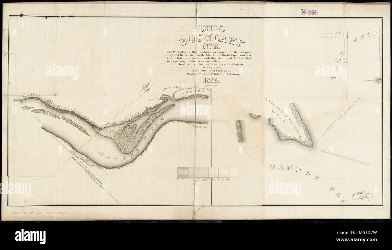 Ohio Boundary No 2 : Karte mit den Positionen, die an der Maumee Bay und am Fluss besetzt sind: viz: Turtle Island, Nordkap, und das über Toledo, zusammen mit der Position der "Ostlinie" in der Durchfahrt des Maumee River, die unter der Leitung von Captain Talcott, USA, überwacht wird Ingenieure, von Lieuts. Haube und R.E. Lee, Ich Bin'S Linderung durch Hachuren und Landformen. Zeigt einen Teil des Maumee River südlich von Toledo, Ohio; einen Teil des Nordkappens der Maumee in Maumee Bay im Lake Erie. Von der Grenze zu Ohio und Michigan: 1836. (Z. B. Dok./HR 24. Congress, 1. Session, no L 331 vom 15.12.2010 54 Im unteren rechten Maiskolben Stockfoto