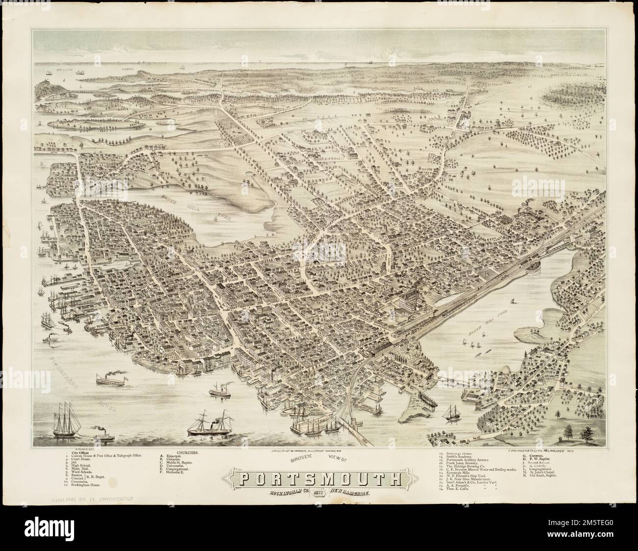 Portsmouth, Rockingham Co., New Hampshire, aus der Vogelperspektive. Enthält Index zu Points of Interest , New Hampshire, Rockingham, County, Portsmouth Stockfoto