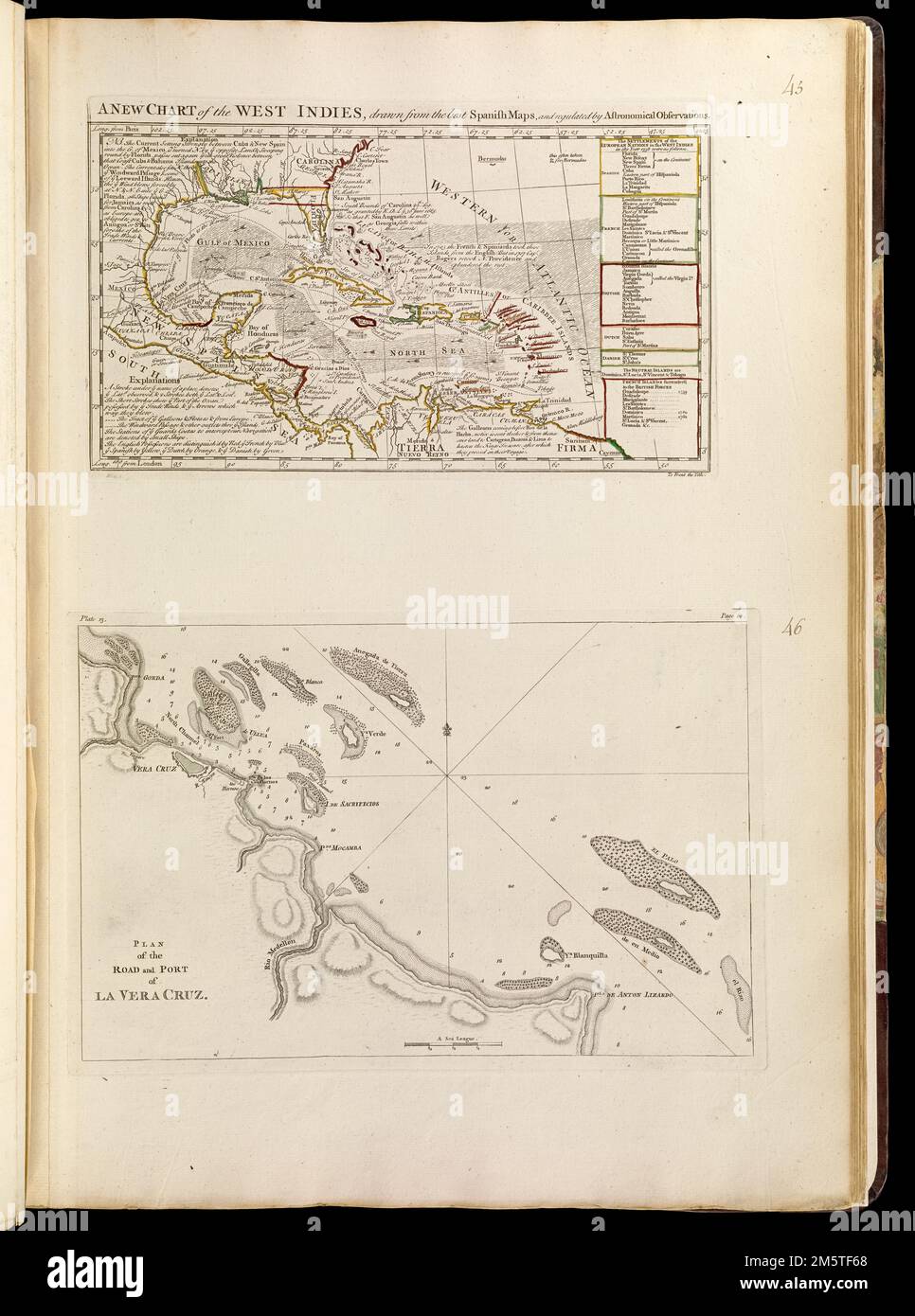 Eine neue Karte der Westindischen Inseln, gezeichnet von den besten spanischen Karten und geregelt durch astronomische Beobachtungen ; Plan der Straße und des Hafens von La Vera Cruz. Beste Meridianer: London und Paris. Erleichterung durch Hachures. Tiefen werden durch Sondierungen angezeigt. Die Karte der Westindischen Inseln enthält Notizen und eine Liste der Besitztümer der Länder. Unten rechts auf der Karte der Westindischen Inseln: Zum Anfang des Titels. Oben links auf der Karte von Vera Cruz: Kennzeichen 13. Oben rechts: Seite 60. Erscheint in Jefferys' allgemeiner Topographie von Nordamerika und den Westindischen Inseln. London: Gedruckt für Robert Sayer, ... Und Thomas Jefferys, 1768 , Mexiko, Veracru Stockfoto