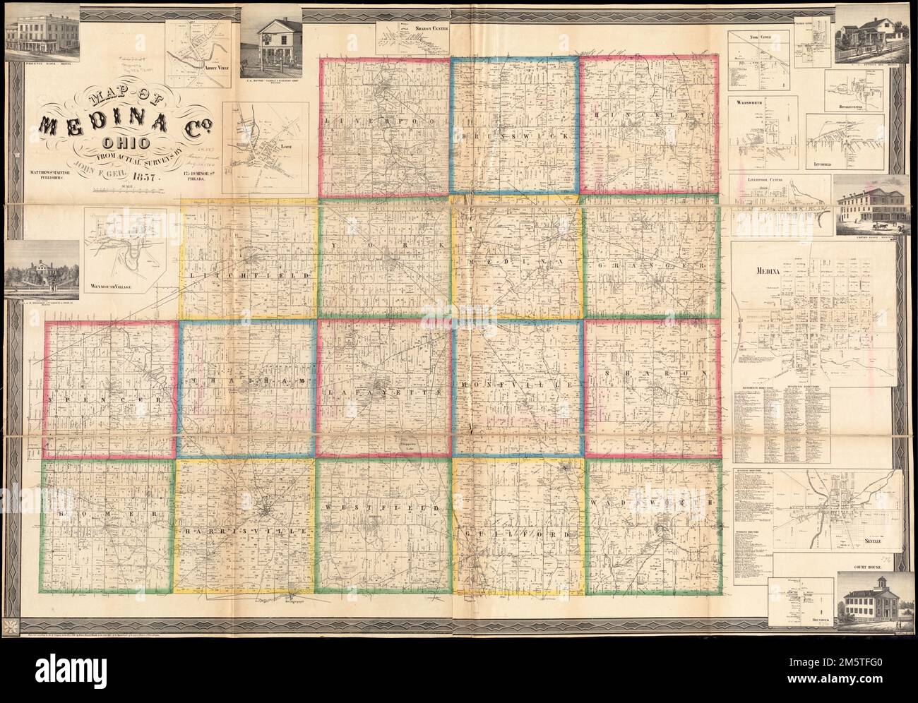 Karte von Medina Co., Ohio. BPL-Kopie zusammengesetzt, in 3 Teile unterteilt und auf einem Tuch befestigt. "Eingetragen gemäß dem Kongressgesetz im Jahr 1854 von Robert Pearsall Smith im Büro des Bezirksgerichts des östlichen Gerichts von Pennsylvania." Umfasst Wohn- und Geschäftsverzeichnisse, 13 Intarsien und 6 Illustrationen von Gebäuden. Intarsien: Abbey Ville -- Lodi -- Weymouth Village -- Sharon Center -- York Centre -- Chatham Centre -- Wadsworth -- Hinckley Center -- Litchfield -- Liverpool Centre -- Medina -- Sevilla -- Brunswick Ohio, Medina, County Stockfoto