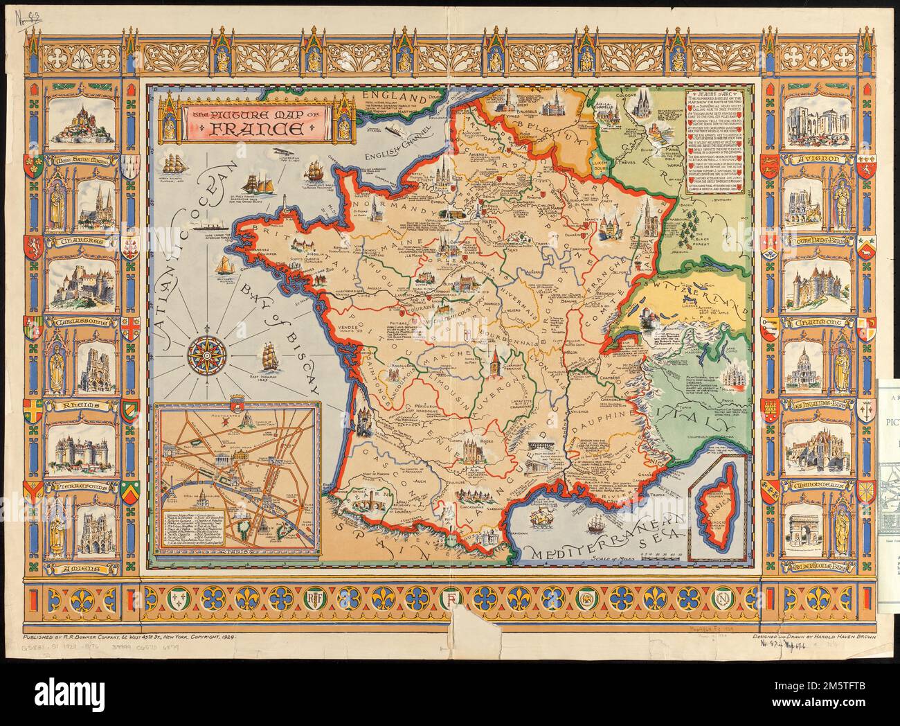 Die Landkarte von Frankreich. Bildkarte. Freischnitt abgebildet. Zeigt historische Points of 