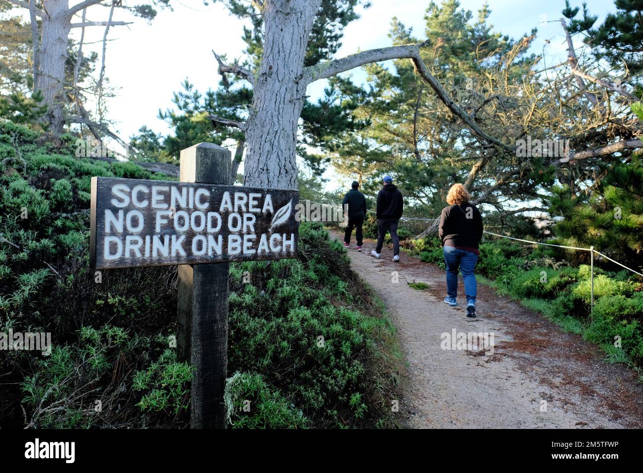 Holzschild auf dem Weg zum Strand am Point Lobos State Natural Reserve in der Nähe von Carmel, Kalifornien, USA; malerische Gegend, kein Essen oder Trinken am Strand. Stockfoto