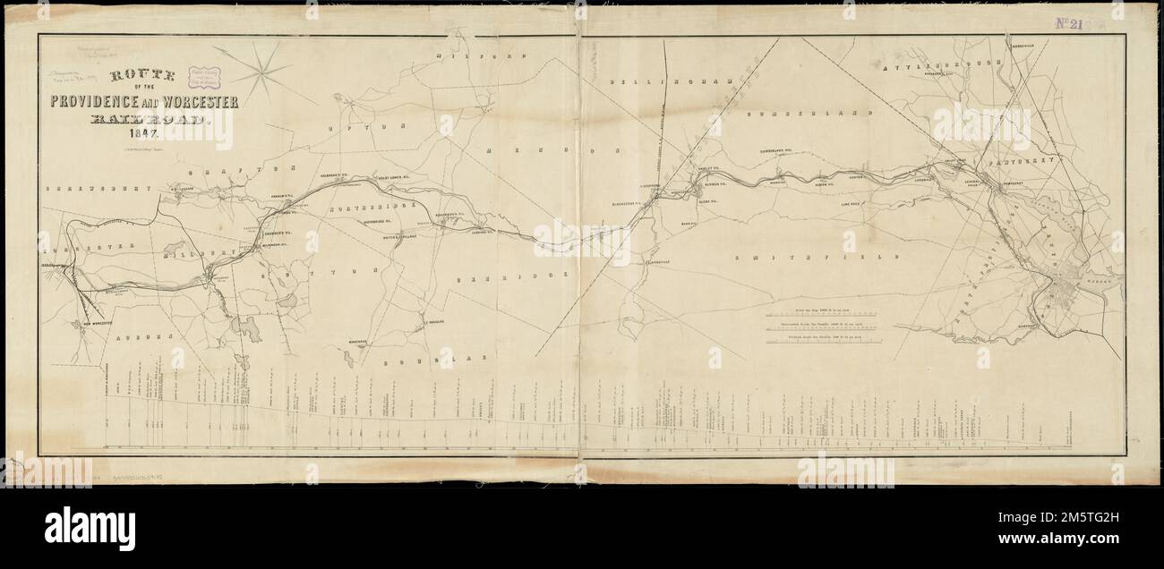 Route der Eisenbahn Providence und Worcester. Norden oben links ausgerichtet. Einschließlich Distanz- und Höhenprofil , Massachusetts Rhode Island Stockfoto Route der Eisenbahn Providence und Worcester. Norden oben links ausgerichtet. Einschließlich Distanz- und Höhenprofil , Massachusetts Rhode Island Stockfoto