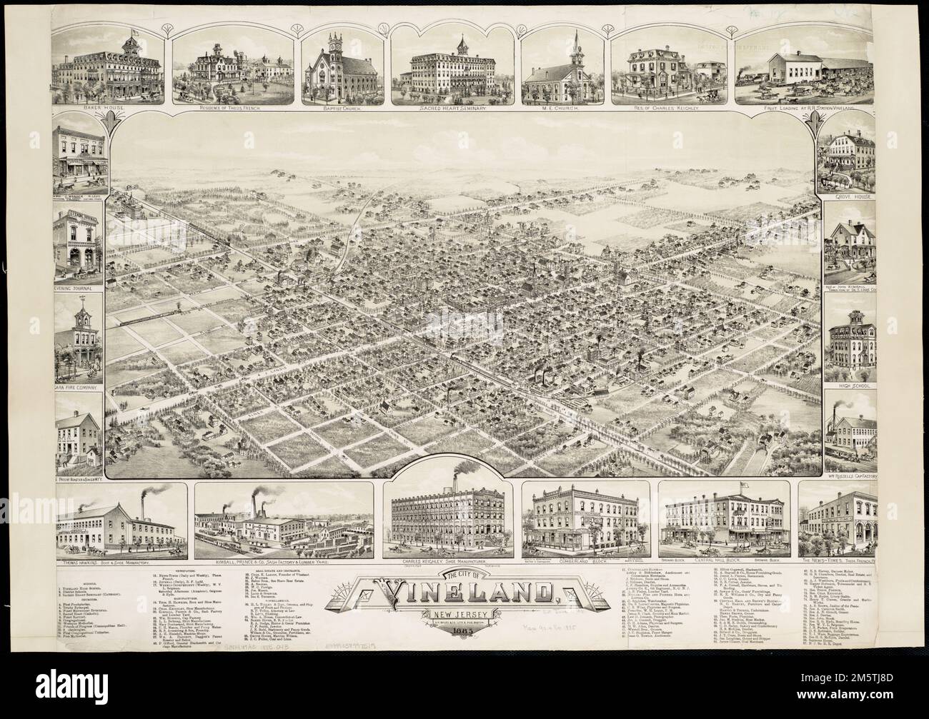 Die Stadt Vineland, New Jersey: 1885. Vogelperspektive. Einschließlich krank. Und Index zu Points of Interest New Jersey, Cumberland, County, Vineland Stockfoto