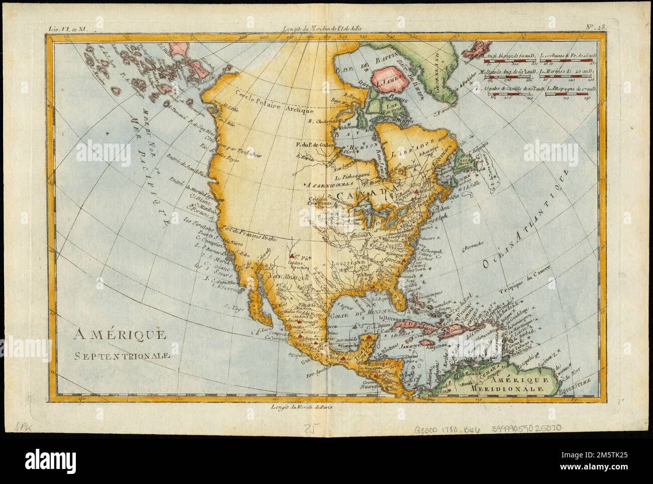 Amérique septentrionale. Hauptmeridian: L'Isle de Fer und Paris. Erscheint in Guillaume-Thomas-Francois Raynals Atlas de toutes les Parties connues du Globe terrestre...'Liv. VI Et XI" ; »Nr. 25". Genf: J.L. Pellet, 1780 , Nordamerika , Gegend Stockfoto