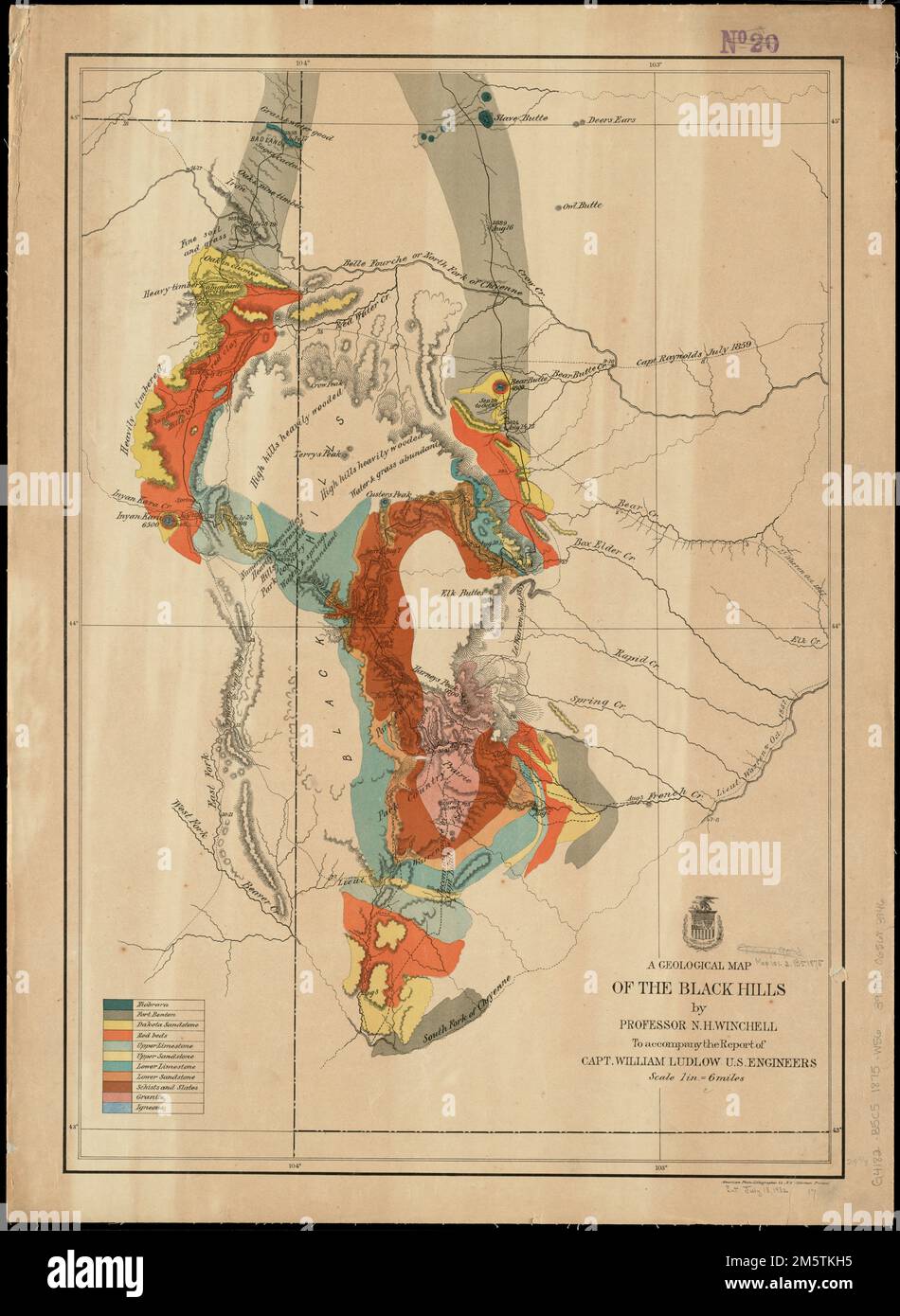 Eine geologische Karte der Black Hills. Zeigt Routen, Daten und Namen der Führungskräfte für die Expedition an. Erleichterung durch Hachures Black Hills, Berg Stockfoto