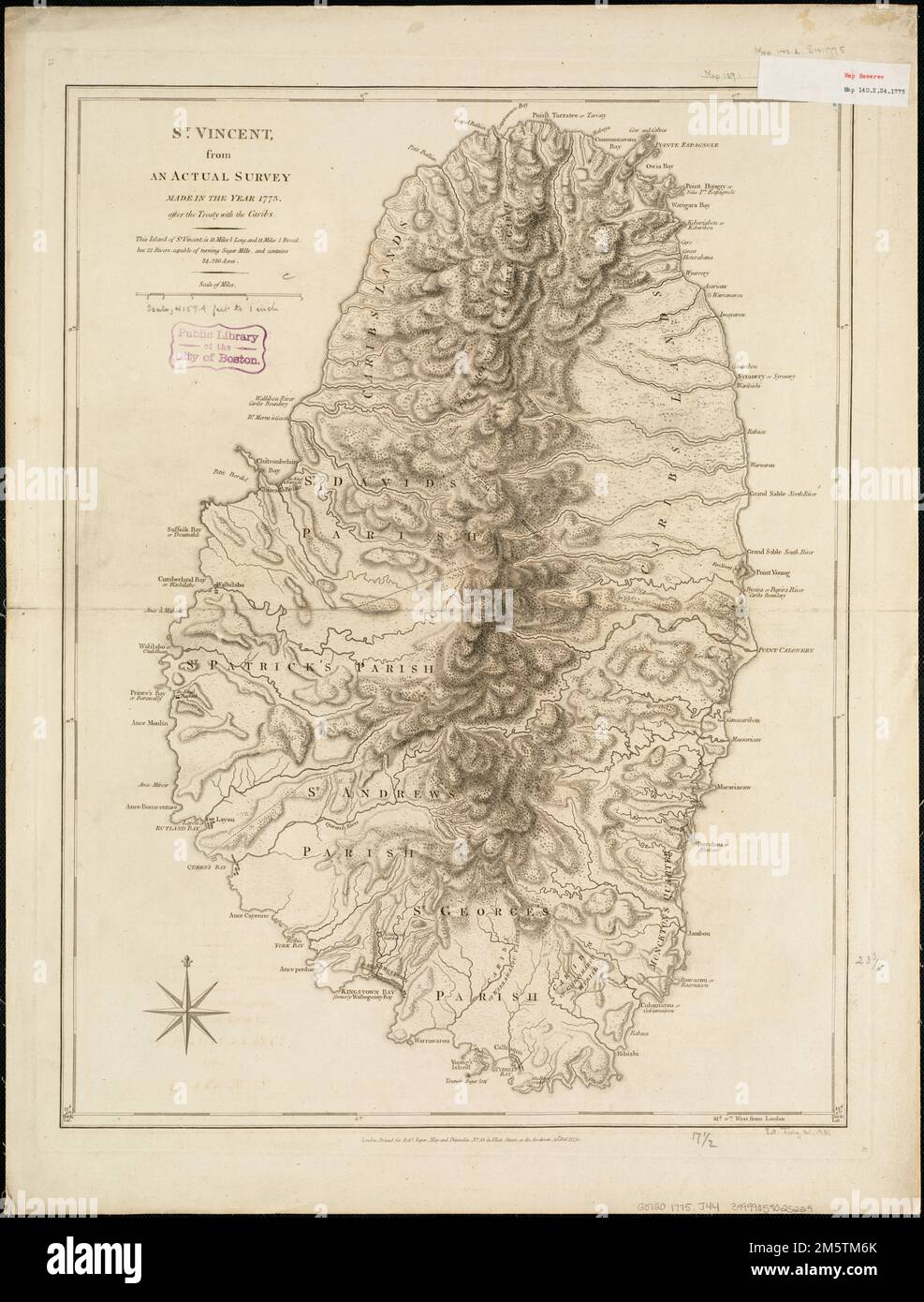 St. Vincent, aus einer aktuellen Umfrage im Jahr 1773: Nach dem Vertrag mit den Karibik. Zeigt die Landgrenzen der Karibs, Gemeindegrenzen und kulturelle Merkmale. Erleichterung durch Hachures. London. Erscheint auf den Westindischen Inseln des Autors. London : R. Sayer & J. Bennett, 1775-[1778]. Am oberen rechten und linken Rand: XI Ursprünglich in 2 Blättern ausgestellt. Katalogisierung, Konservierung und Digitalisierung teilweise durch die Nationale Stiftung für Geisteswissenschaften möglich gemacht: Das menschliche Unterfangen erforschen , St. Vincent und die Grenadinen, St. Vincent Island, Insel Stockfoto