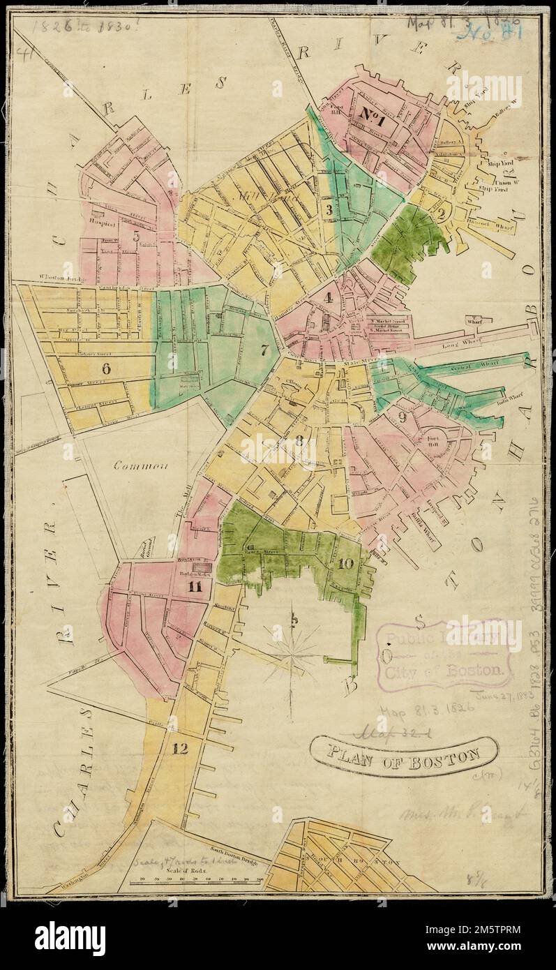 Der Plan von Boston. Geschätztes Datum aus Quincy Market (1826) und Abwesenheit der freien Brücke (1828) Massachusetts, Suffolk, County, Boston Stockfoto