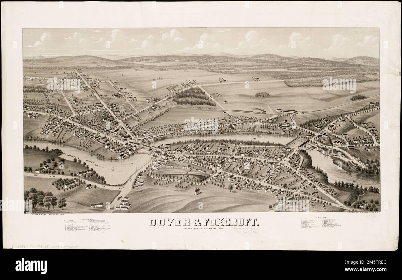 Dover & Foxcroft : Piscataquis Co Maine, 1878. Vogelperspektive. Enthält Index zu Points of Interest , Maine, Piscataquis, County, Dover-Foxcroft Stockfoto