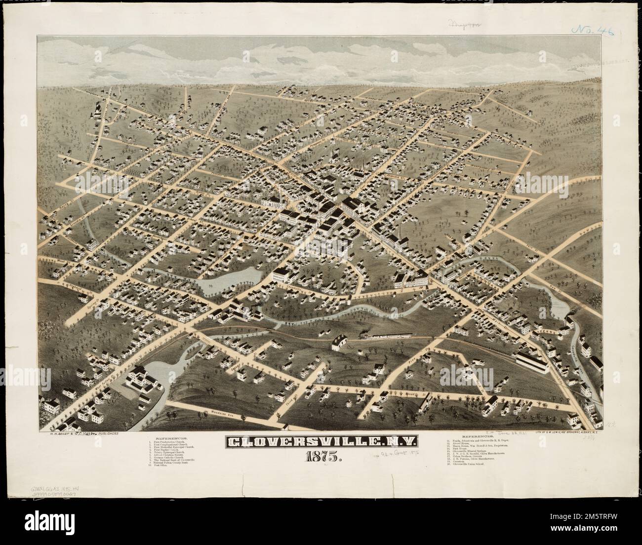 Gloversville, New York: 1875. Vogelperspektive. Index für Points of Interest New York, Fulton, County, Gloversville Stockfoto