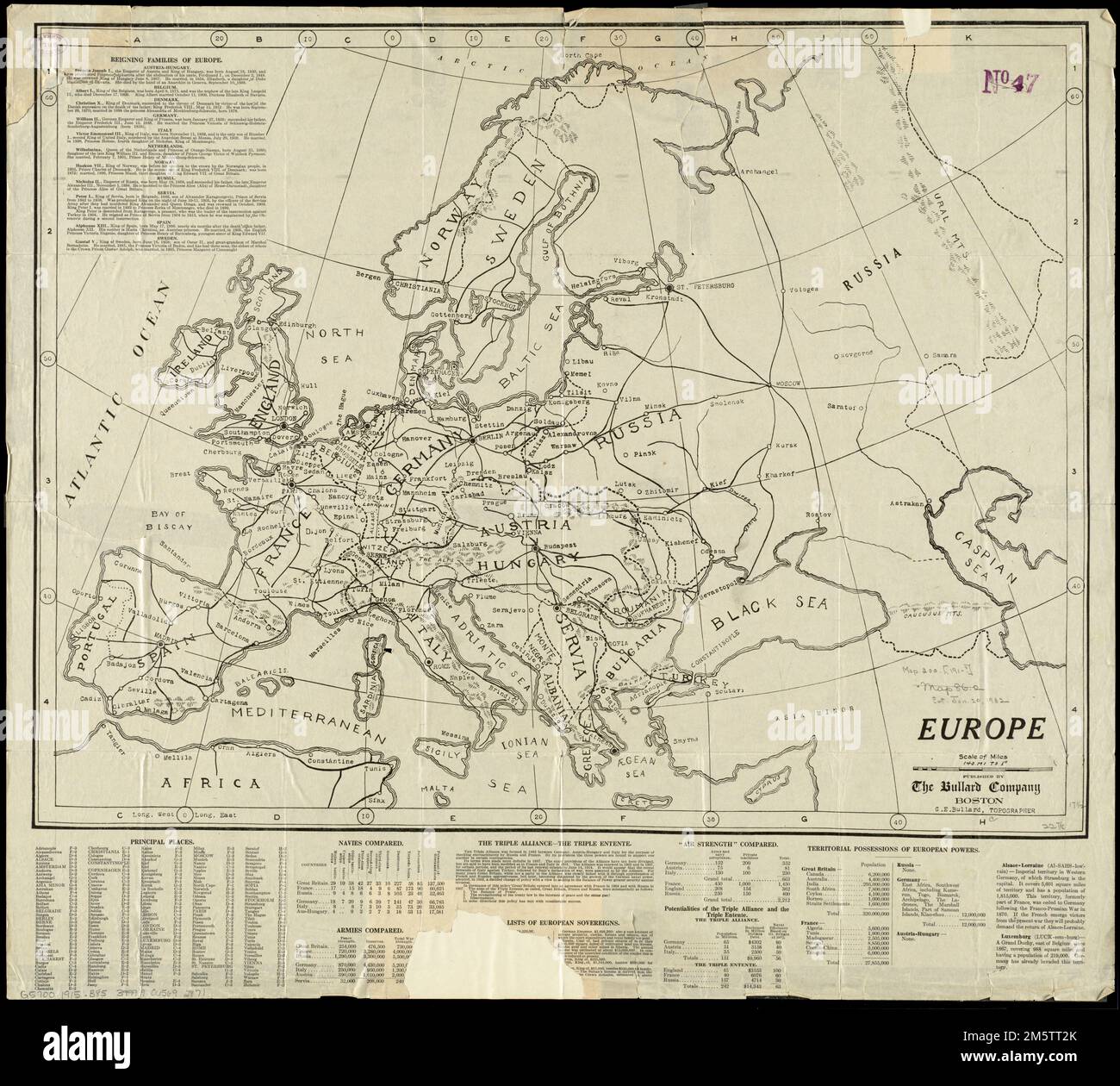 Europa. Text für geschätztes Datum. Erleichterung durch Hachures. Indexiert. Enthält Text und Statistiken über regierende Familien, Marine, Armeen, Territorien usw. , Europa Europa Stockfoto