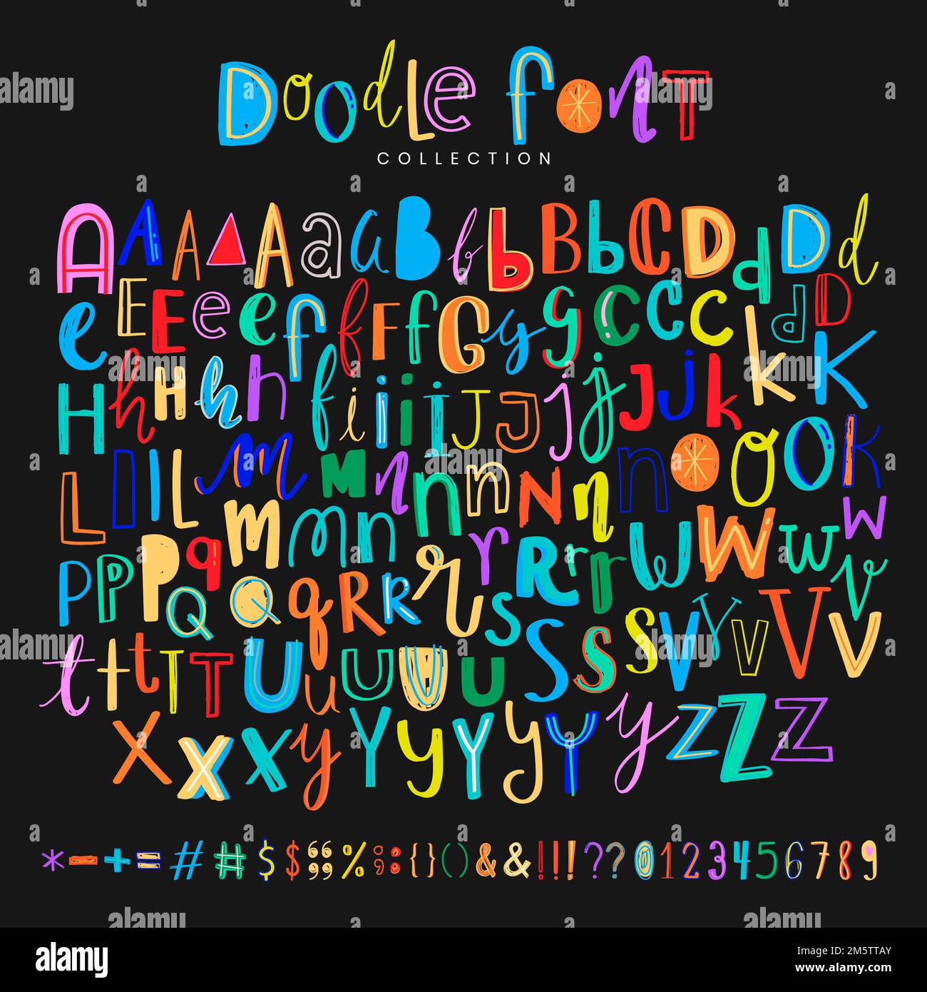 Buchstaben Doodle Vektor Schriftart farbenfrohes Set Stock Vektor