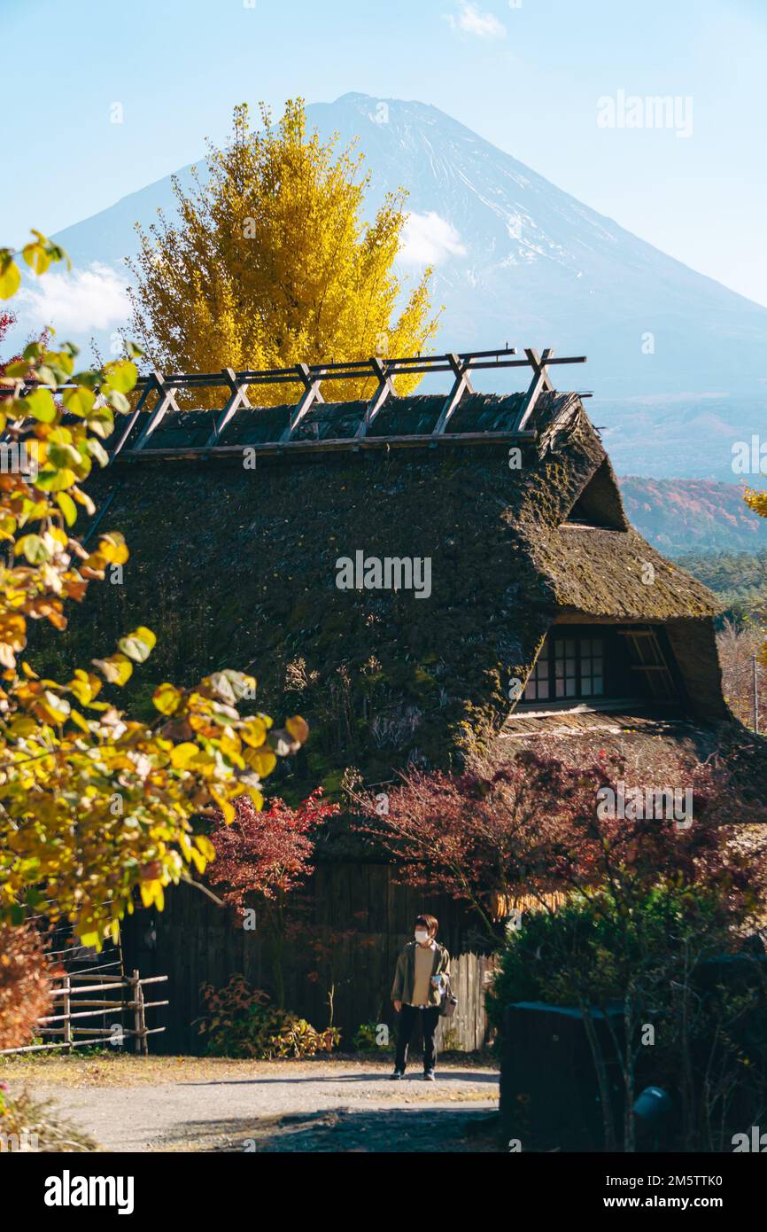 Ein malerischer Blick auf den Fuji von einem traditionellen japanischen Dorf aus Stockfoto