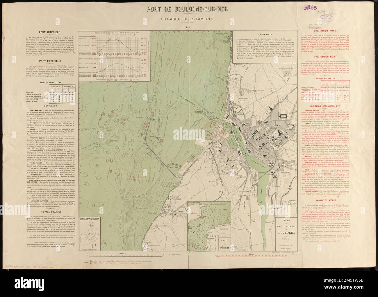 Plan du Port et de la ville de Boulogne. Freischnitt durch Konturen dargestellt. Tiefen, die durch Sondierungen und Isolinien angezeigt werden. Einsatz: Carte du Détroit. Umfasst Gezeitenprofil und Schaubild der Windfrequenz. Beschreibender Text links und rechts neben der Karte. Über Karte: nein 5. Karte auf Französisch. Text in Französisch und Englisch... Port de Boulogne-sur-Mer. Port de Boulogne-sur-Mer, Frankreich , Hauts-de-France , Region , Boulogne Stockfoto