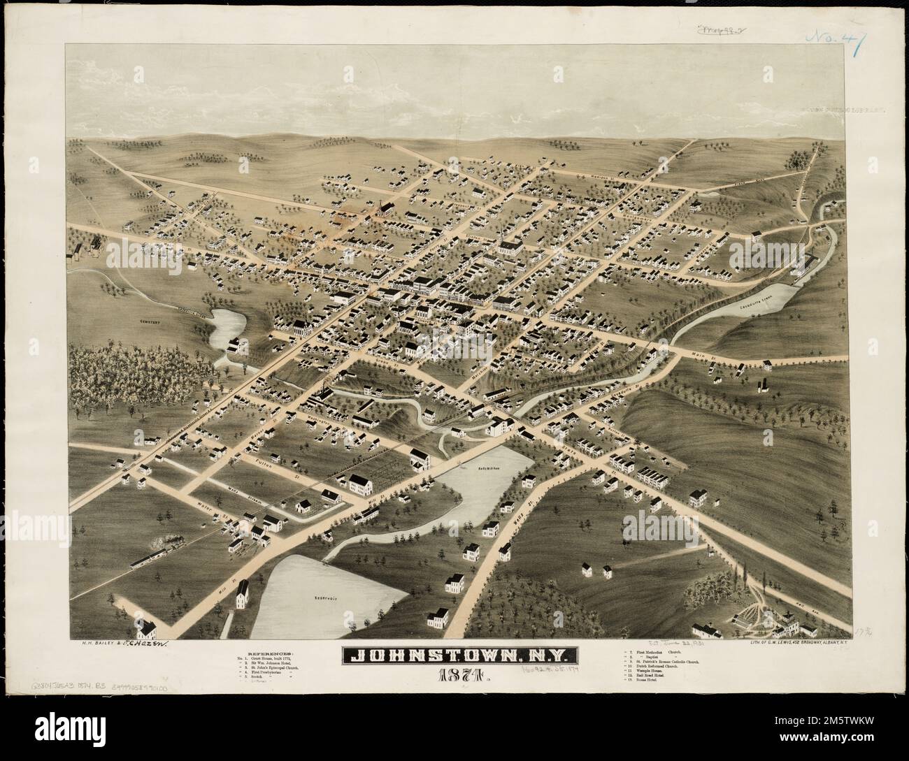 Johnstown, New York: 1874. Vogelperspektive. Index für Points of Interest New York, Fulton, County, Johnstown Stockfoto