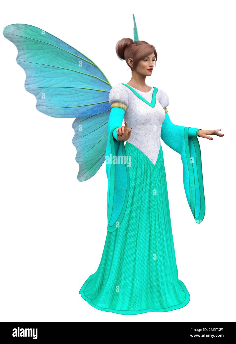 Fantasy Feen Frau in blauem, weißem Kleid mit Flügeln, 3D Illustration. Stockfoto
