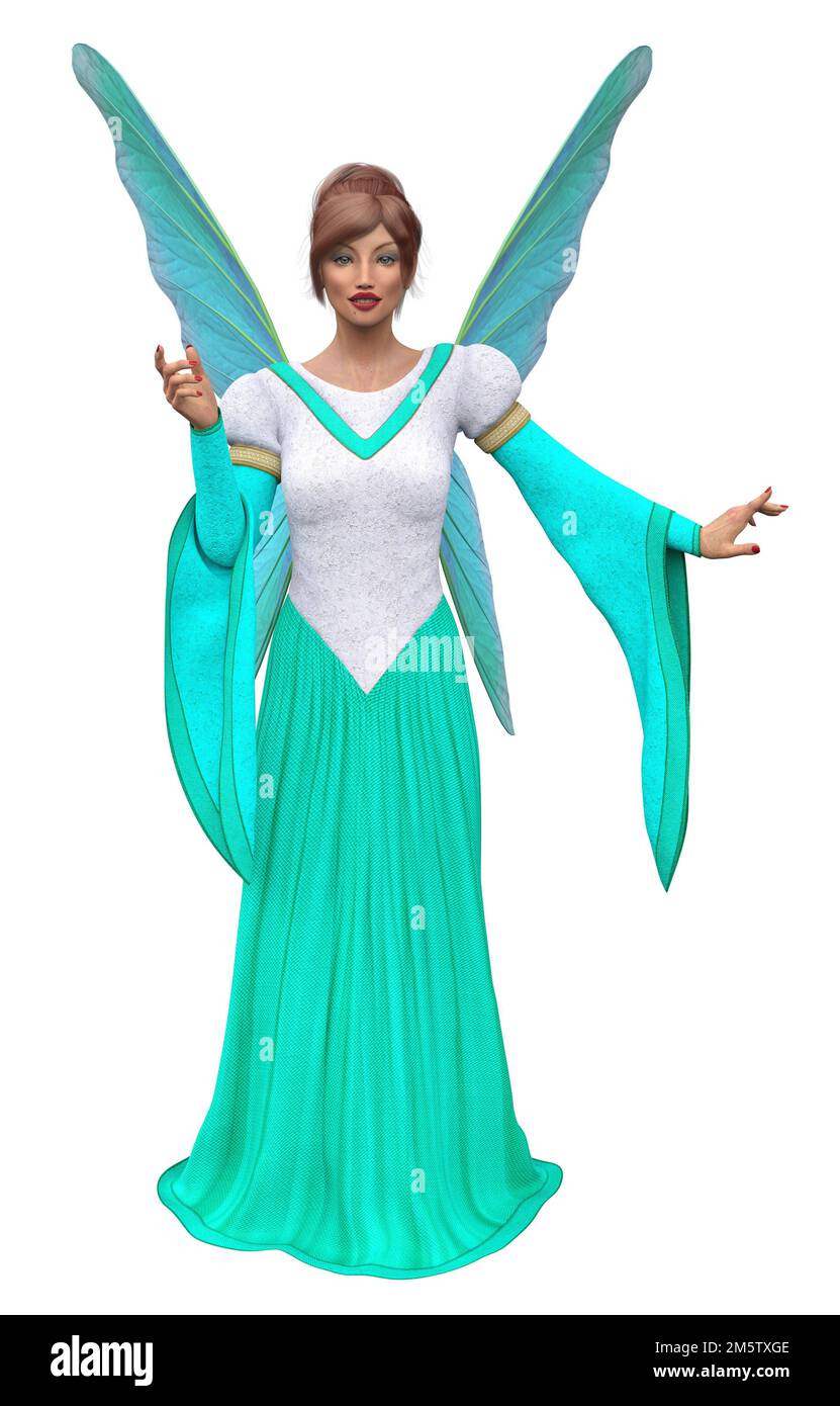 Fantasy Feen Frau in blauem, weißem Kleid mit Flügeln, 3D Illustration. Stockfoto