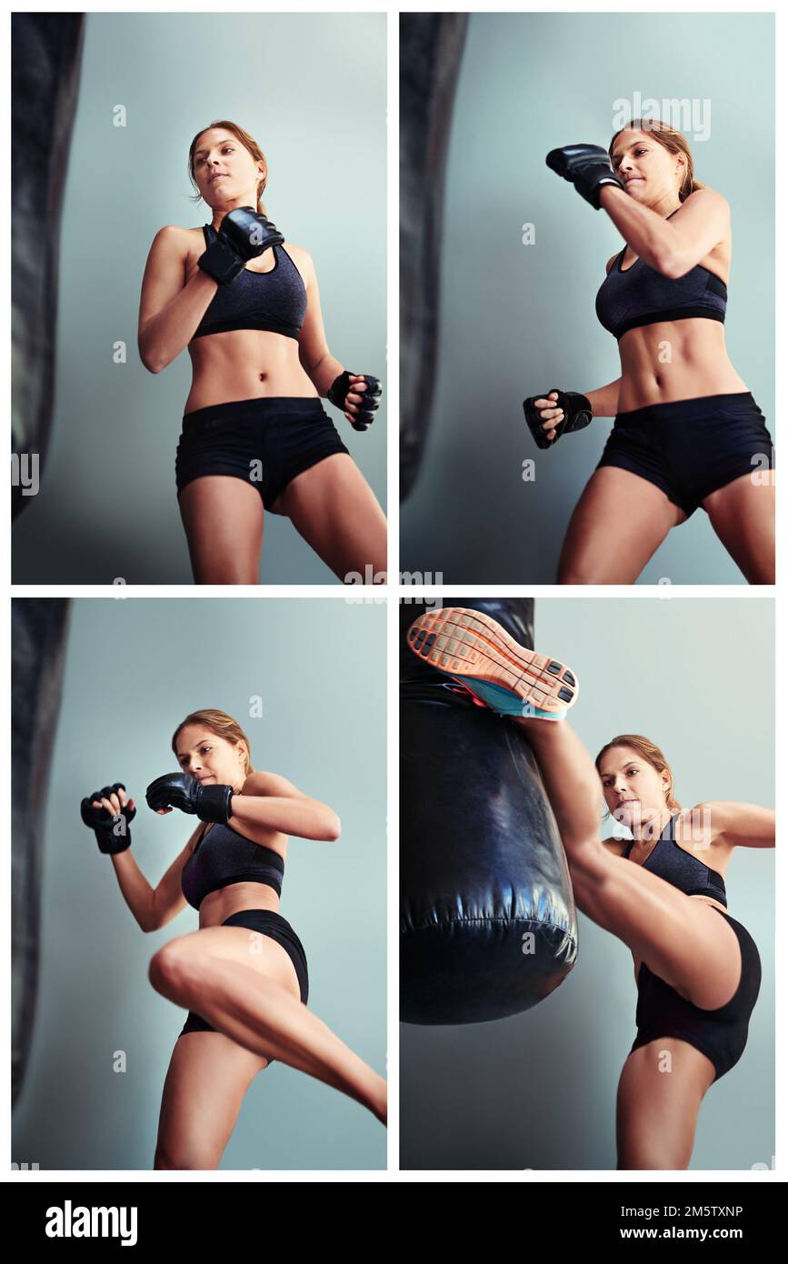 Sie ist eine Kraft, mit der man rechnen muss. Composite-Bild einer Boxerfrau, die mit einem Boxsack trainiert. Stockfoto