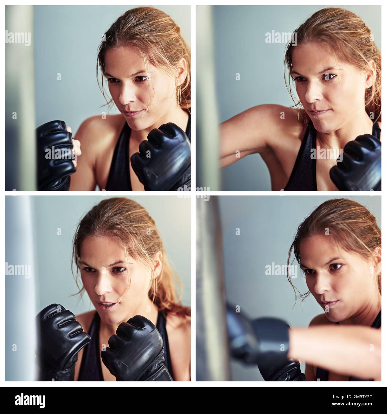 Fließende Schläge. Composite-Bild einer Boxerfrau, die mit einem Boxsack trainiert. Stockfoto