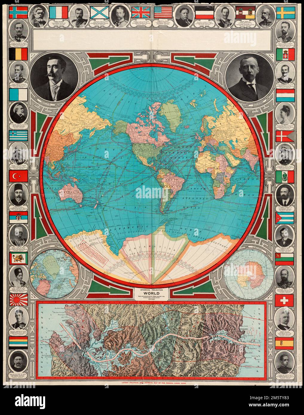 Kugelförmige Projektionswelt. Zusatzkarten: Arktische Regionen - antarktische Regionen -- Aktuelle politische und physische Karte der Panamakanal-Zone. Enthält Porträts von Arktis-Entdeckern und Weltführern. Text, Abbildungen und Diagramm auf Verso. Mit Metallclip an der Oberkante gebunden und mit 2 Karten herausgegeben: British Columbia -- Dominion of Canada/Intermediate Serie USA. Grenzen, politische Dominanz und Kolonialherrschaft: Das waren Schlagzeilen vor hundert Jahren, genau wie heute. Diese Karte ist unverhohlen imperialistisch und wurde während der politischen Spannungen vor dem Ersten Weltkrieg erstellt, um Wor zu erklären Stockfoto