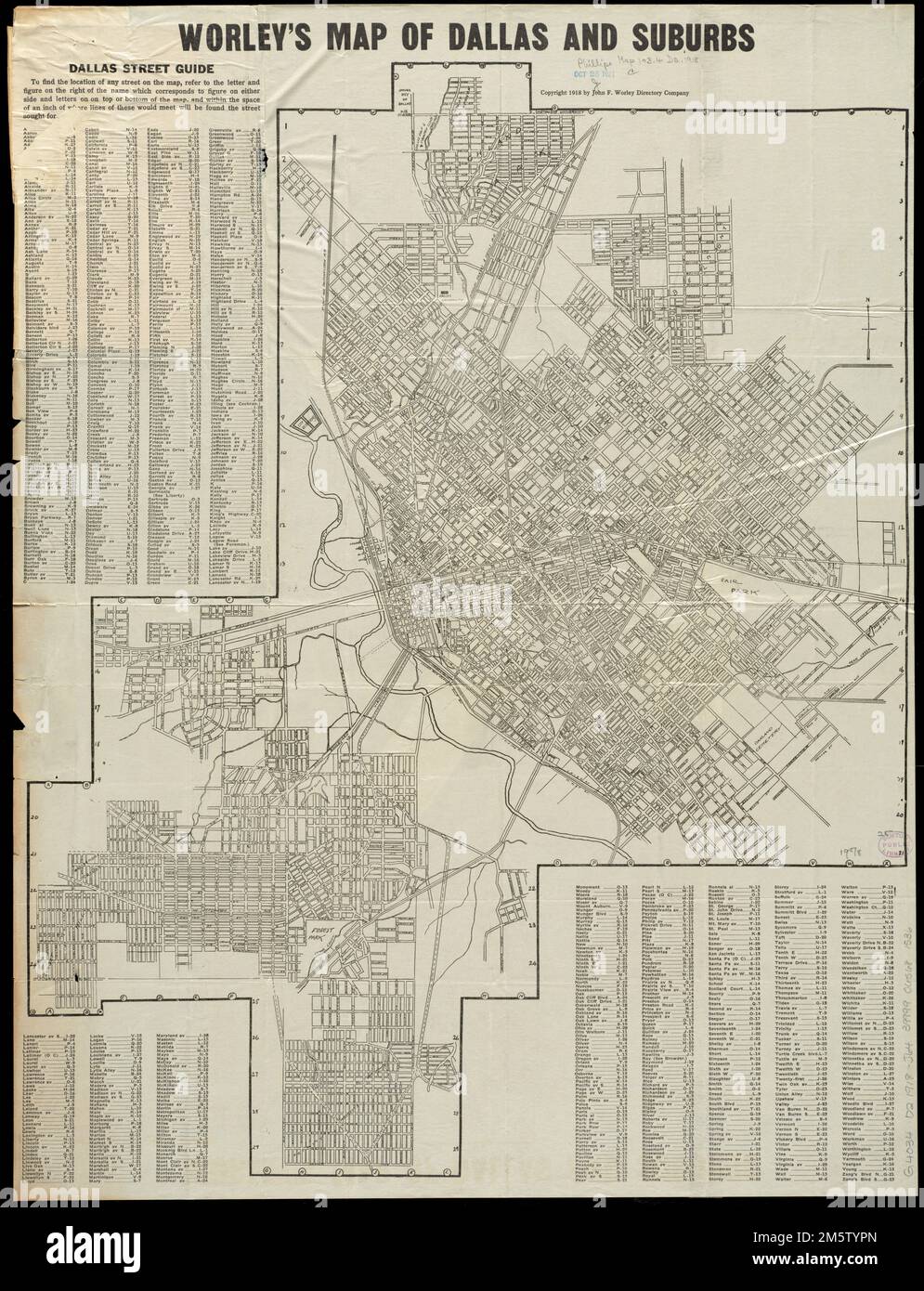 Worleys Karte von Dallas und Vororten. Enthält Straßenverzeichnis Texas, Dallas, County, Dallas Stockfoto