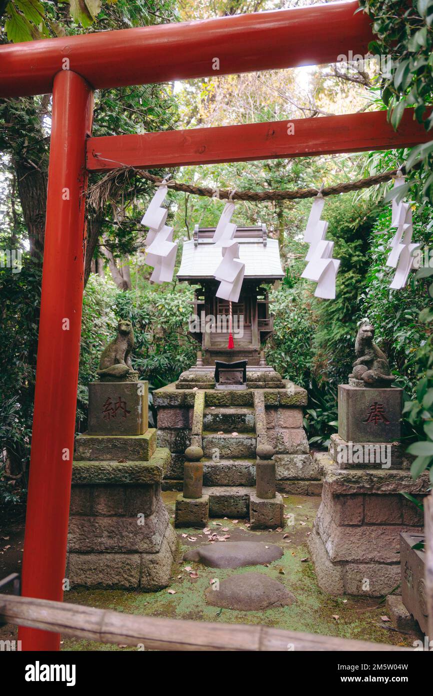 Ein versteckter Shinto-Schrein in einer Wohngegend Stockfoto