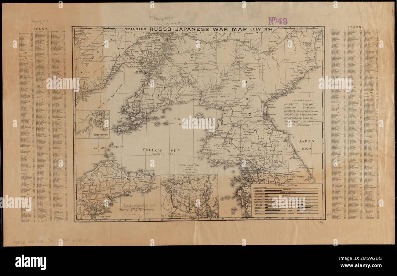 Russisch-japanische Standard-Kriegskarte Juli 1904. Umfasst Index, Statistiken für Russland und Japan, Bedeutung von Namen und 2-Intarsien. Insekten: Port Arthur -- [Eurasien] , Nordkorea Südkorea China , Mandschurei , Gebiet Stockfoto