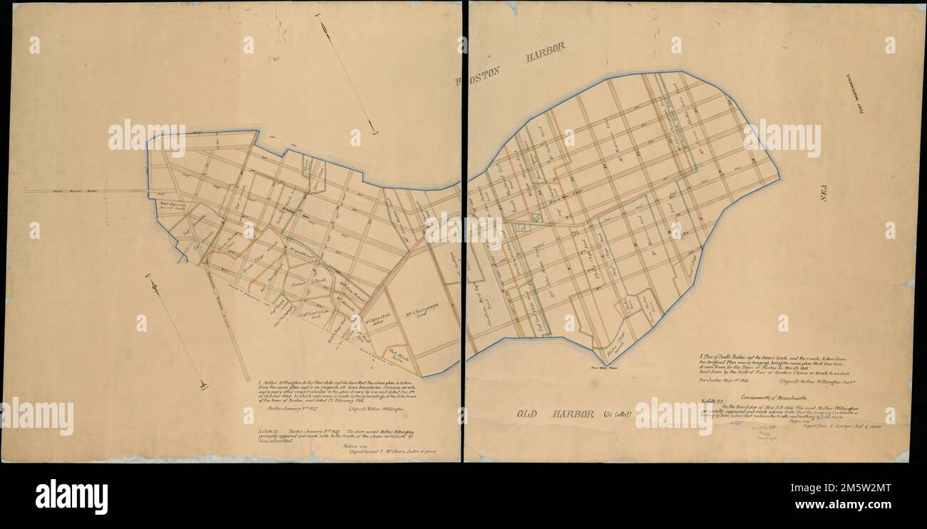 Ein Plan von Süd-Boston und den Besitzern landet, und die Straßen, die aus dem ursprünglichen Plan übernommen wurden, werden nun beibehalten, und sind derselbe Plan, aus dem einer für die Stadt Boston im März 1805 entworfen wurde. Mit Norden nach oben links ausgerichtet. "Ich erkläre weiter, dass der obige Plan aus demselben Plan stammt und alle Grenzen, Divisionen, Straßen, Und in jeder anderen Hinsicht ähnlich dem Plan, den ich vom 4. Oktober 1804 entworfen habe, auf den in den Verhandlungen der Wähler der Stadt Boston Bezug genommen wird, und vom 27. Februar 1805. Bo Stockfoto