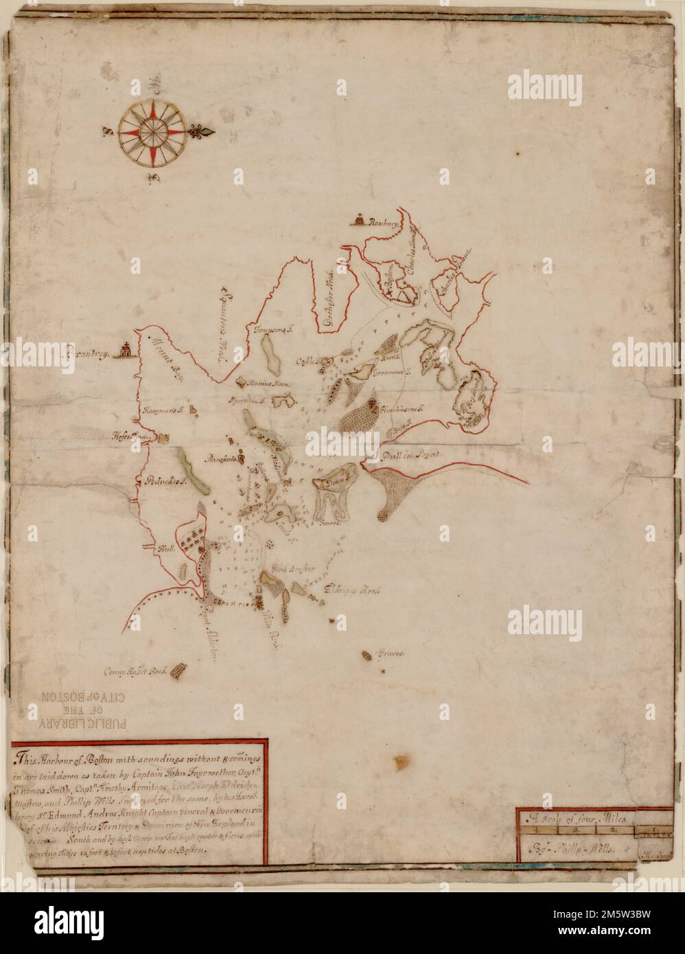 Dieser Hafen von Boston. Tiefe wird durch Sondierungen angezeigt. Ausrichtung nach Norden rechts. Rechts unten: M. Carroll. Dieser früheste Plan von Boston Harbor stammt aus der Zeit der Amtszeit von Sir Edmund Andros als Gouverneur von New England von 1685-1689. Es ist wahrscheinlich eine von mehreren Manuskriptkarten von New England, die Andros zurück an das Handelsministerium in London geschickt hat. Andros erhielt bereits im April 1688 den Befehl, eine Karte des Hafens von Boston zu sichern. Die Karte wurde von Phillip Wells erstellt, einem der am besten ausgebildeten frühen amerikanischen Kartografen, basierend auf Stockfoto