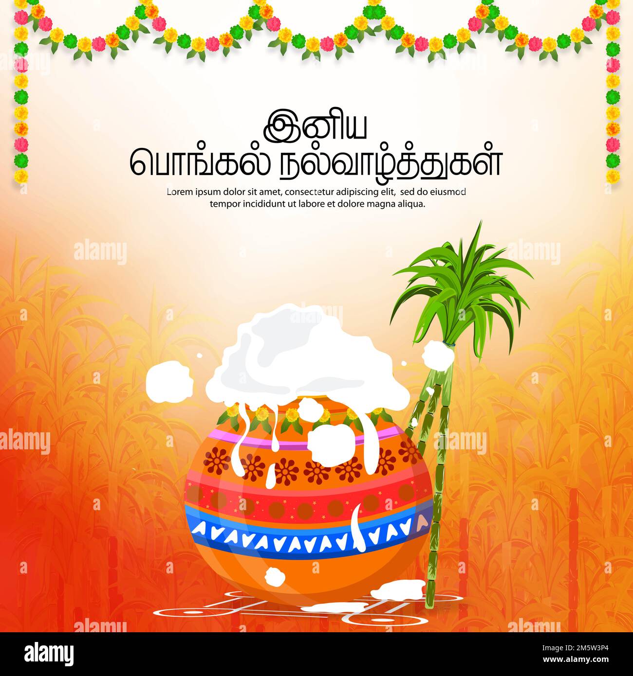 Illustration des Happy Pongal Holiday Harvest Festival in Südindien. Übersetzt Happy Pongal Tamil Text. Stock Vektor