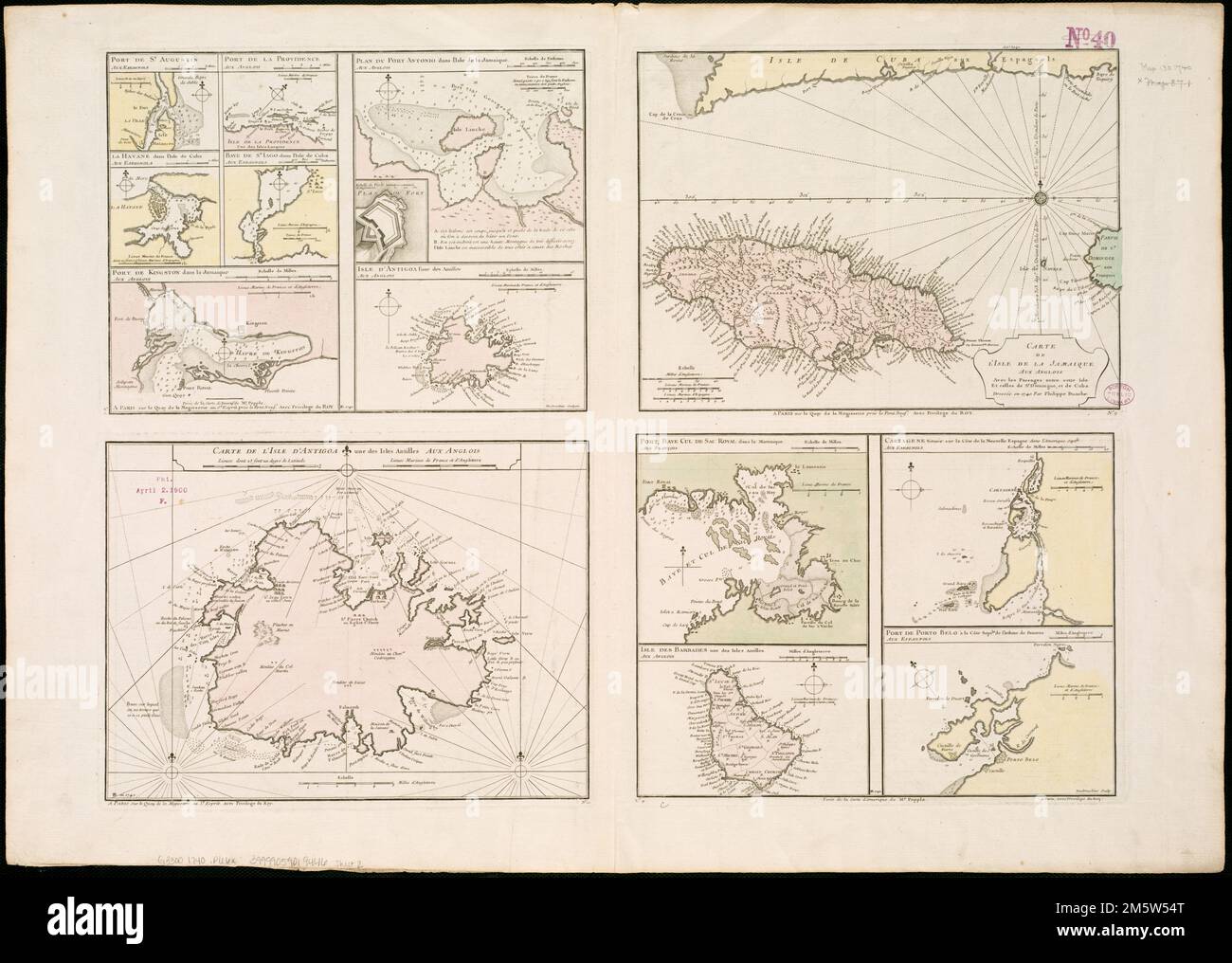 Plans des Isles, rades, et Ports de plusieurs lieux de l'Amérique : tirés de la Carte angloise de Mr. Popple publiée en 1733 à Londres en vingt feuilles.... , Antigua und Barbuda , Antigua , Island Barbados , Barbados , Island Colombia , Bolívar , Cartagena Cuba Jamaika , Kingston , County , Kingston Martinique , Territorium Stockfoto