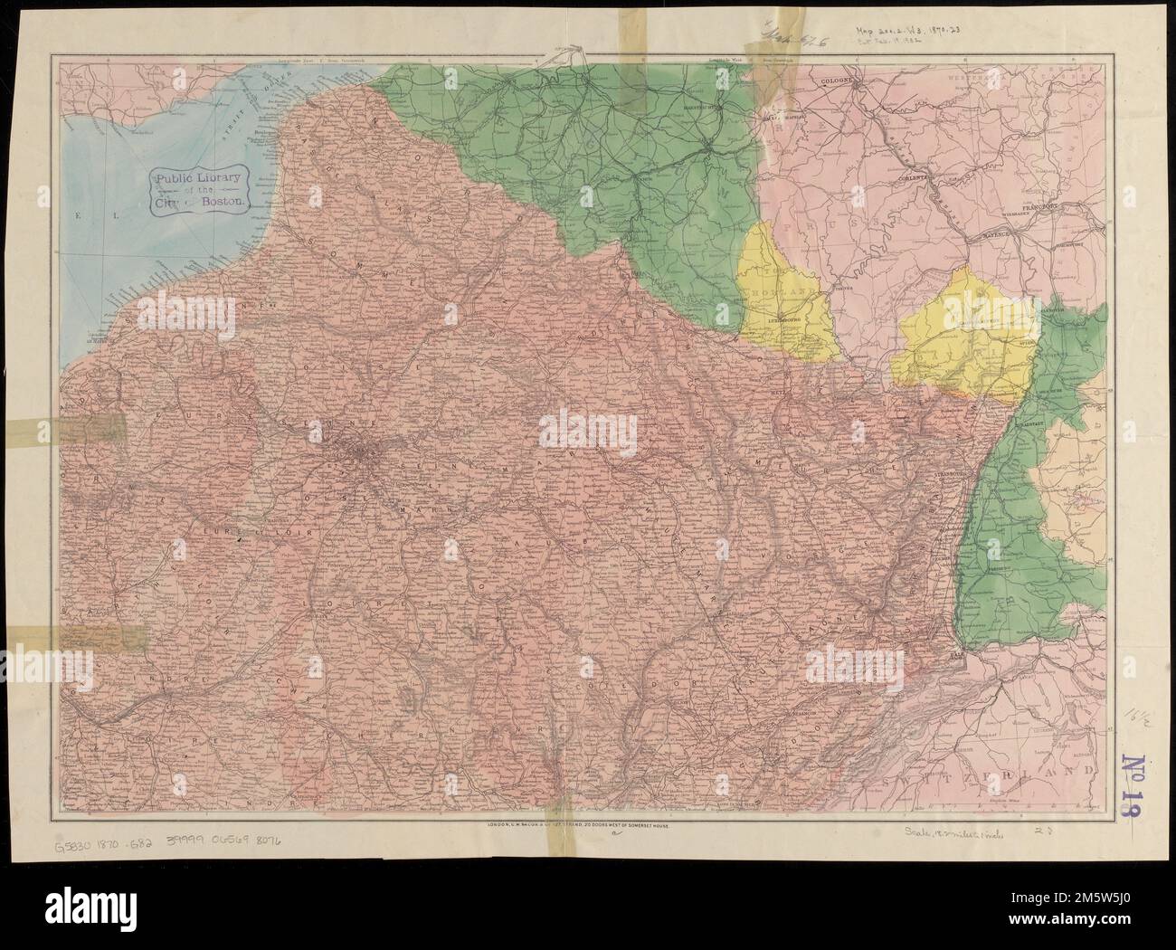 Bacon's Karte vom Kriegssitz von Paris bis zum Rhein. Erleichterung durch Hachures. Umfasst Nordostfrankreich und Teile Belgiens, Deutschlands und der Schweiz , Frankreich Stockfoto