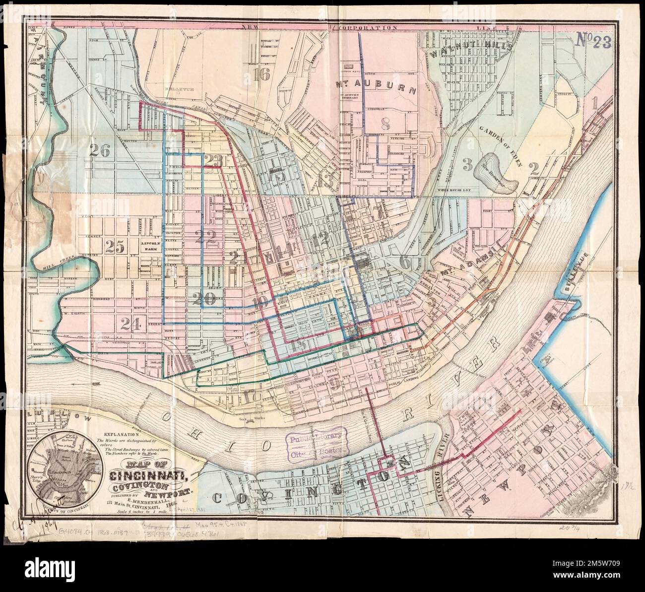 Karte von Cincinnati, Covington und Newport. Erleichterung durch Hachures. Auch Stationen. Inklusive Lageplan , Ohio , Hamilton , County , Cincinnati Kentucky , Kenton , County , Covington Kentucky, Campbell, County, Newport Stockfoto