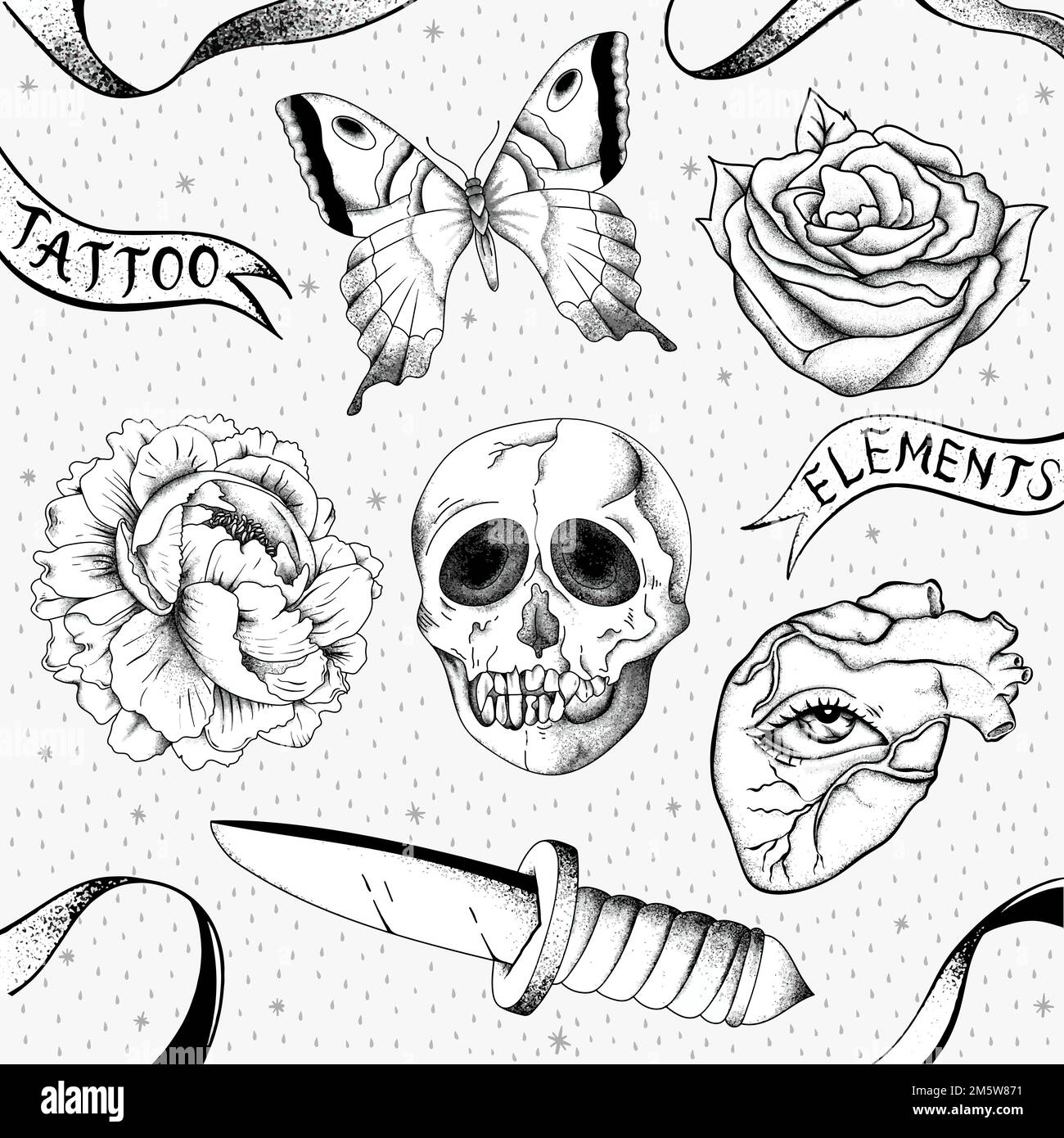 Vektorkollektion mit schwarz-weißen Umrissen und Flash-Tattoo-Design der alten Schule Stock Vektor