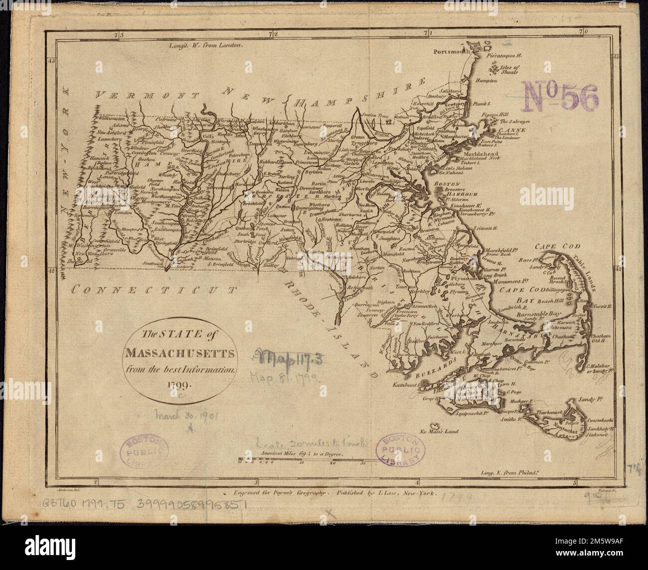 Der Staat Massachusetts aus der besten Information. Freischnitt abgebildet. Beste Meridianer: London und Philadelphia. Eingraviert für Payne's Geography. Erscheint in Einem neuen und vollständigen System universeller Geografie. John Low, 1798-1800 Massachusetts Stockfoto