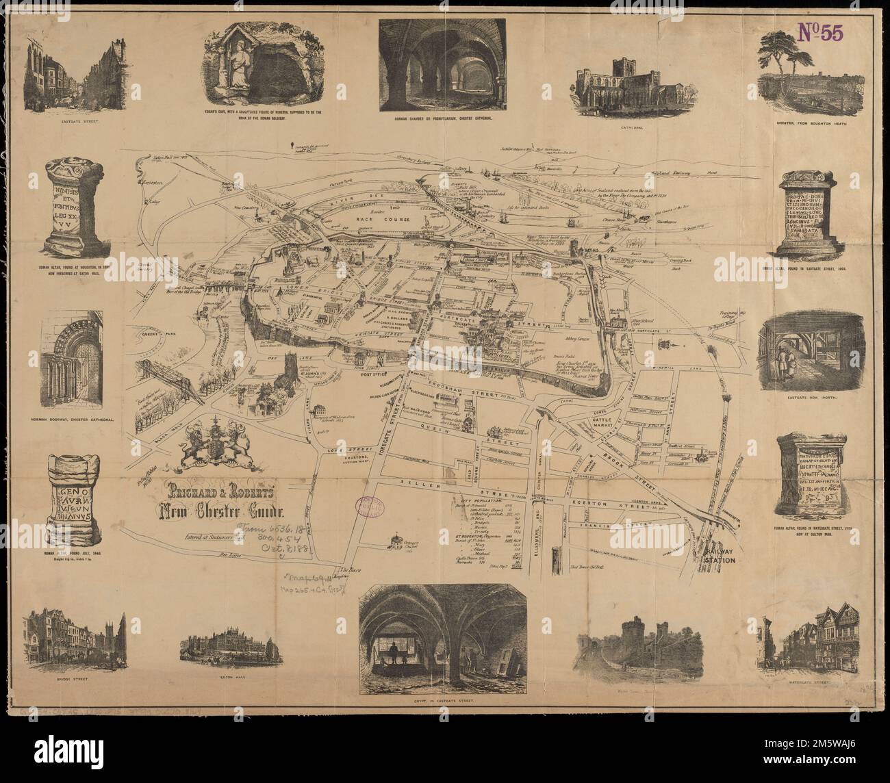 Prichard & Roberts' neuer Chester Guide. Freischnitt abgebildet. Ausrichtung nach Norden rechts. Bemerkenswerte Gebäude sind bildlich dargestellt. Enthält 16 Abbildungen am Rand. Einschließlich Bevölkerungszahlen... New Chester Führer Prichard und Roberts Fremder Führer Chester Fremder Führer Chester. New Chester Führer Prichard und Roberts Fremder Führer zu Chester Fremder Führer zu Chester, England, Cheshire, County, Chester Stockfoto