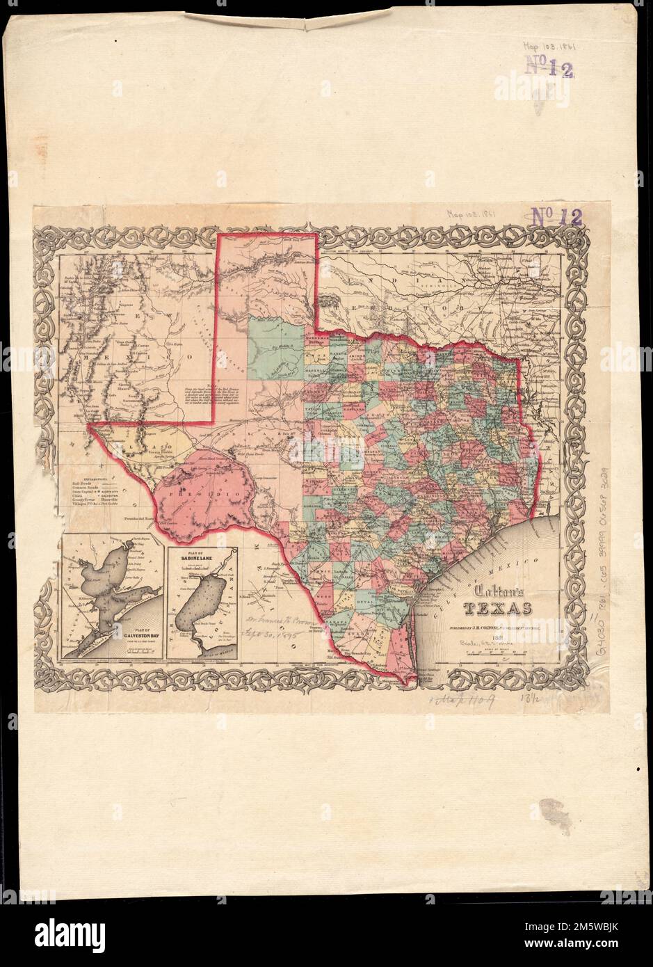 Colton ist Texas. Erleichterung durch Hachures. "Gemäß dem Kongressgesetz im Jahr 1855 von J.H. Colton & Co ..." Erste Meridiane: Greenwich und Washington. Insets: Plan der Galveston Bay - Plan des Sabine Lake... - Nach Texas. Texas, Texas, Galveston Bay Sabine Pass Stockfoto