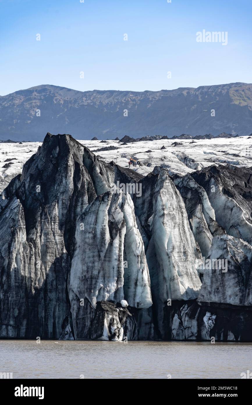 Eisstruktur mit Gletscherspalten am Ende einer Gletscherzunge, Solheimajoekull-Gletscher, Südisland, Island Stockfoto