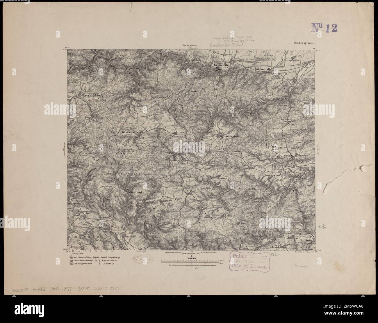 227 Harzgerode. Relief durch Hachures und Punkthöhen dargestellt. Erster Meridian: [Ferro]. Nachtrage 1868. Karte des Deutschen Reiches 1:100.000 Nr. 227... Harzgerode. Harzgerode, Deutschland, Sachsen-Anhalt, Harzgerode Stockfoto