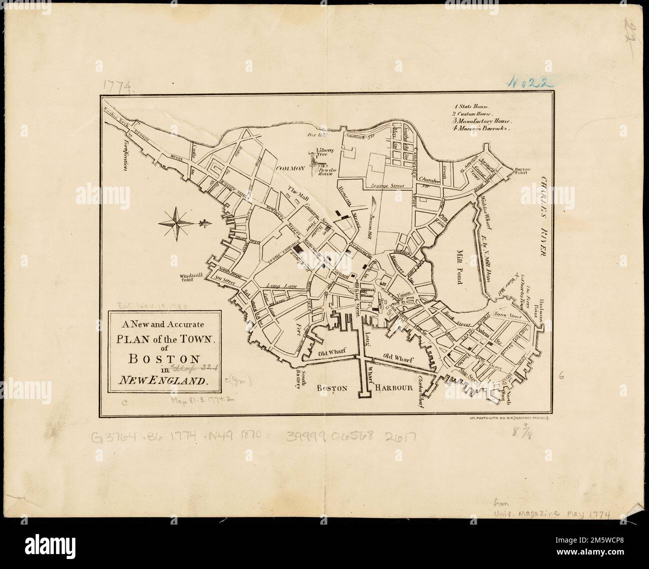 Ein neuer und präziser Plan der Stadt Boston in New England. Basierend auf der 1774-Karte, die im universellen Magazin für Wissen und Vergnügen erscheint. Ausrichtung nach Norden rechts. Einschließlich krank. Und Verweise auf Points of Interest. Unten rechts: (Osbornes Prozess). Originalfassung: [London : for John Hinton, 1774].... Massachusetts, Suffolk, County, Boston Stockfoto