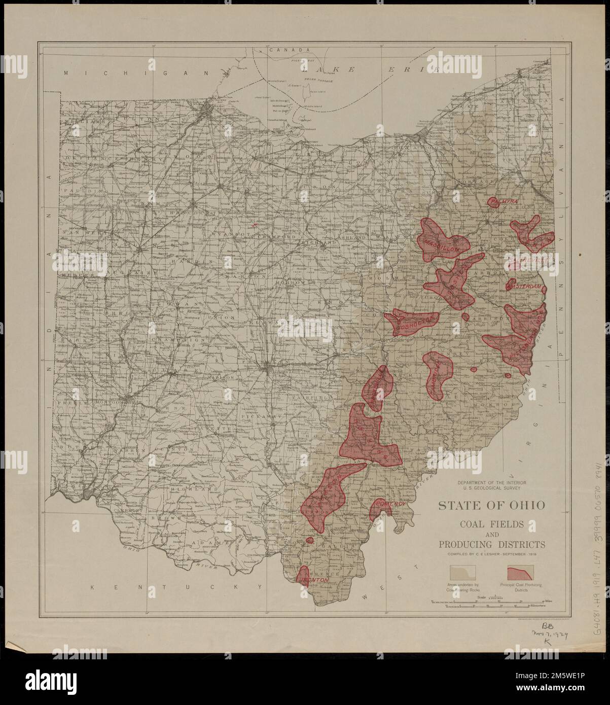 Kohlefelder und Förderbezirke des Bundesstaates Ohio. Zeigt die Gebiete, die von kohlehaltigen Steinen umgeben sind, und die wichtigsten Kohlefördergebiete Ohio Stockfoto