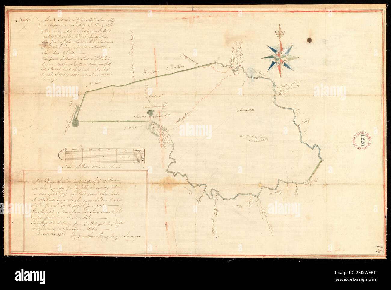 Plan von Needham, untersucht von Jonathan Kingsbury, vom 1794... Massachusetts, Norfolk, County, Needham Stockfoto