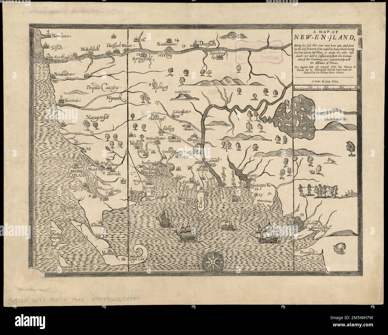 Eine Karte von Neuengland: Die erste, die hier je war, wurde nach dem besten Muster geschnitten, das man haben konnte, was an einigen Stellen fehlerhaft war, machte die andere weniger genau: Doch hat sie die Szituation des Landes und die Entfernung der Orte ausreichend gewürdigt; die Zahlen, die mit den Namen der Orte verbunden sind, sollen die von den Indianern angegriffen worden sind, von anderen unterscheiden. Fax von Wine Hills Version, Staat 2. Freischnitt abgebildet. Die erste Karte, die in Amerika vom Boston-Drucker John Foster gedruckt wurde. Die Karte wurde verwendet, um William Hubbards Buch 'T zu illustrieren Stockfoto