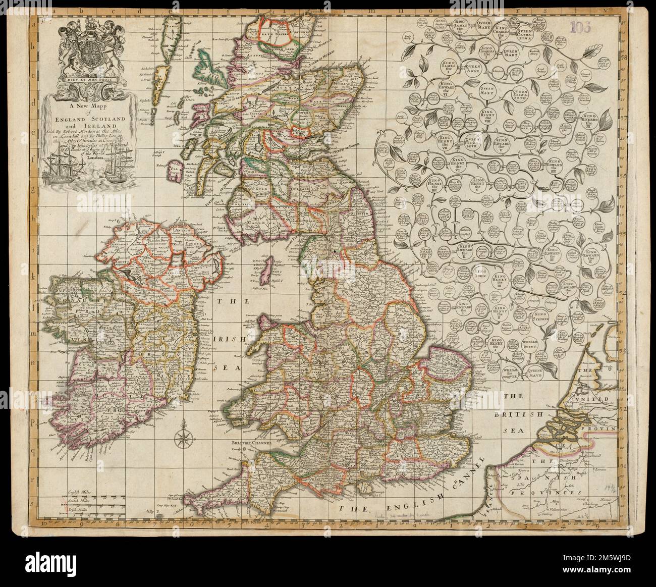 Ein neues mapp von England, Schottland und Irland. Freischnitt abgebildet. Ein großer genealogischer Tisch, der mit William dem Eroberer und Königin Maud beginnt, füllt die Nordsee. Katalogisierung, Erhaltung und Digitalisierung teilweise durch die National Endowment for the Humanities: Exploring the human Endeavor. Teil des zusammengesetzten Portfolioatlas mit dem Titel „Sammlung alter Karten“. Das elisabethanische Zeitalter war ein Zeitalter, das nach Regulierung und Gehorsam strebte, aber von religiösen Spannungen und politischen Unruhen geprägt war. Großbritannien wurde von 1558 bis 1603 von Königin Elizabeth I. regiert, mit König James I. als Nachfolger Stockfoto